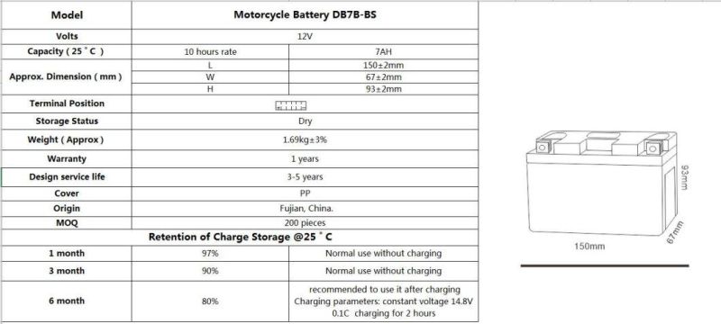 TCS Dry Charged Maintenance Free Motorcycle Battery DB7B-BS