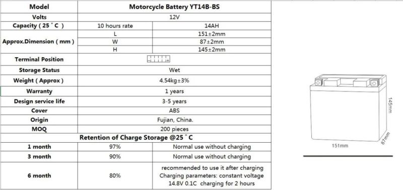 TCS Motorcycle Battery Sealed Maintenance Free YT14B-BS