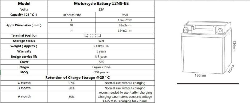 TCS Sealed Maintenance Free Lead Acid Motorcycle Battery  12N9-BS