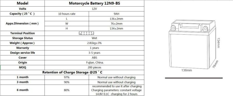 TCS Sealed Maintenance Free Lead Acid Motorcycle Battery 12N9-BS