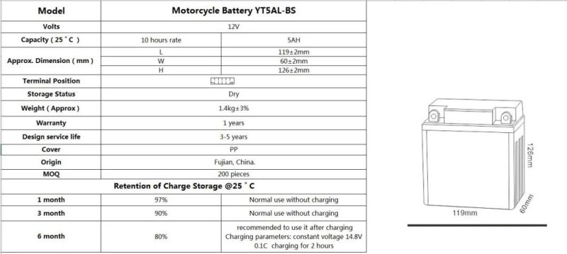 12 V 5 ah YT5AL-BS Rechargeable Agm Lead Acid Battery Starting Motorcycle Battery Motorcycle Parts