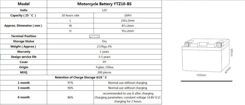 12V 10AH TCS Dry Charged Maintenance Free Motorcycle Battery for Common motorcycle