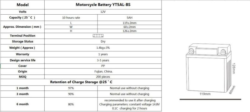 12V 5ah YT5AL-BS Top Selling Lead Acid Battery Motorcycle Battery