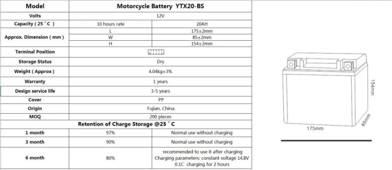 12V 20ah YTX20-BS Dry Charged Mf Motorcycle Battery