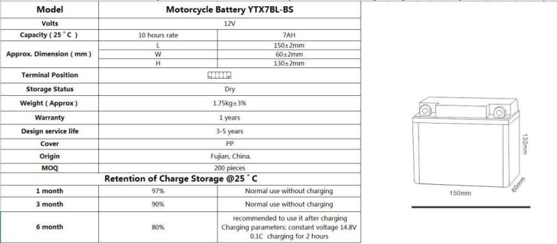 TCS Dry Charged Maintenance Free Motorcycle Battery for Most motorcycles (YTX7BL-BS)