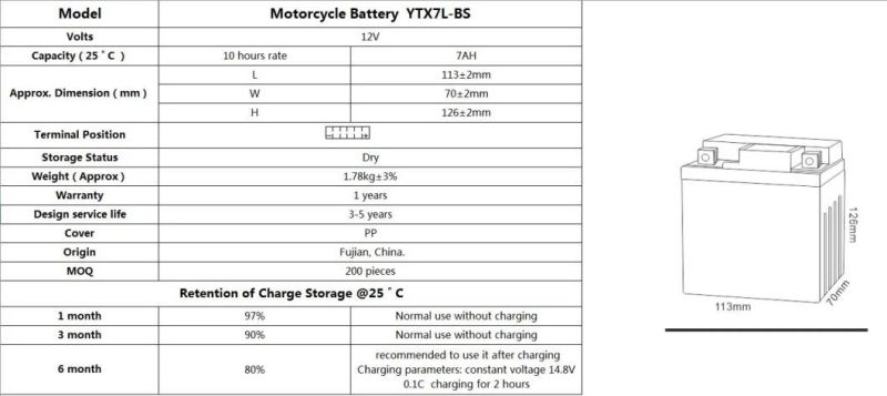 TCS Motorcycle Battery Dry Charged Maintenance Free YTX7L-BS