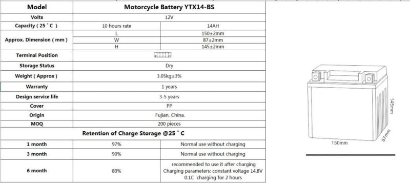 12V 14AH TCS Dry Charged Maintenance Free Motorcycle Battery for Common motorcycle