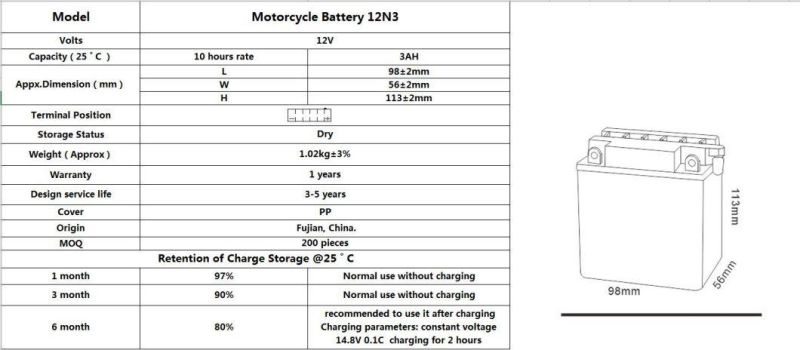 TCS Dry Charged Lead Acid Motorcycle Battery 12N3