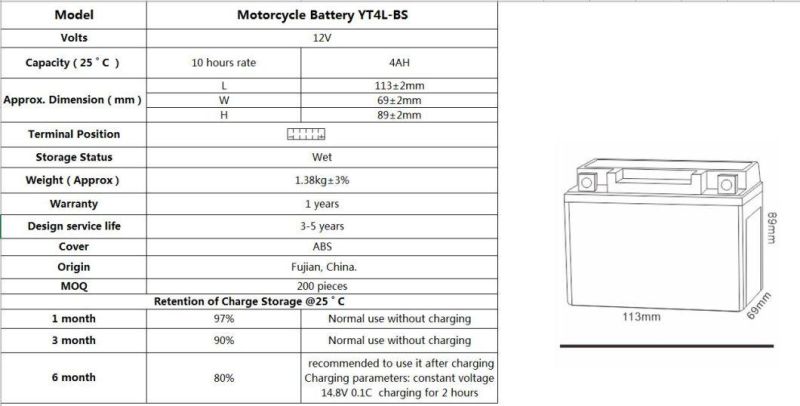 TCS Motorcycle Battery Sealed Maintenance Free YT4L-BS