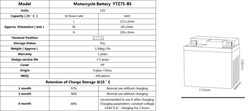 12 Volt 7amp YTZ7S-BS Long Life High Capacity Lead-Acid Motorcycle Battery