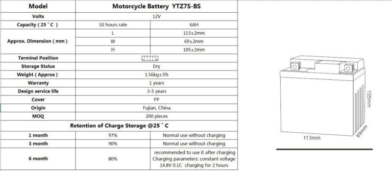 12V 6AH China Dry Charged Maintenance Free Motorcycle Battery for Common motorcycle