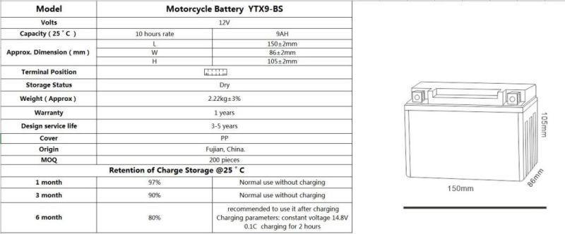 TCS  Dry Charged Maintenance Free Motorcycle Battery  YTX9-BS