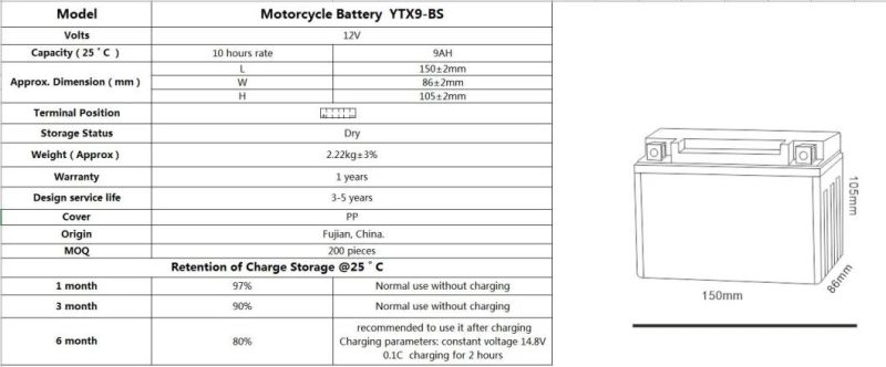 TCS Dry Charged Maintenance Free Motorcycle Battery YTX9-BS