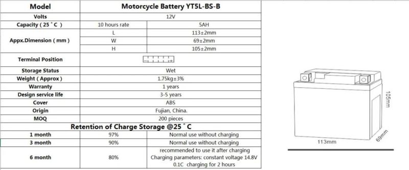 TCS Motorcycle Battery Sealed Maintenance Free YT5L-BS-B