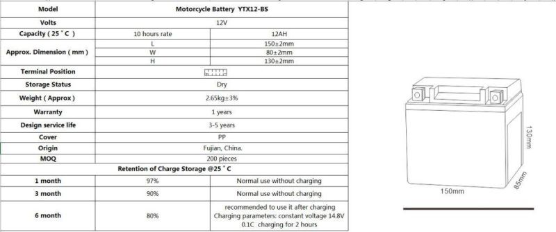 12V 12AH TCS Dry Charged Maintenance Free Motorcycle Battery for Common motorcycle