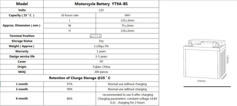 12 V 9 ah YT9A-BS Wet-Charged Mf Lead Acid Motorcycle Battery