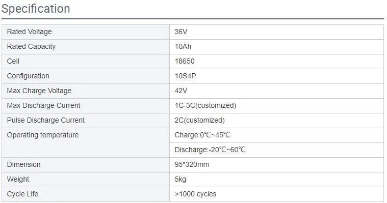 Customized Electronics Bicycle Battery 36V 10ah 360wh 5kg 18650 Battery Lithium Iron Battery Deep Cycle Lone Life with CE/Un38.3 /MSDS E-Bike Battery