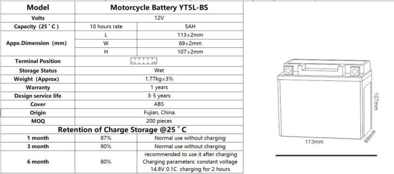 TCS Sealed Maintenance Motorcycle Battery for Common motorcycle (YT5L-BS)