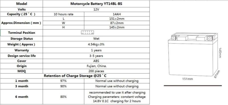 TCS Motorcycle Battery Sealed Maintenance Free YT14BL