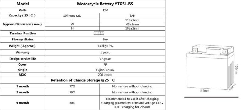 12 Volt 5amp YTX5L-BS High Capacity Maintenance Free With Acid Motorcycle Battery