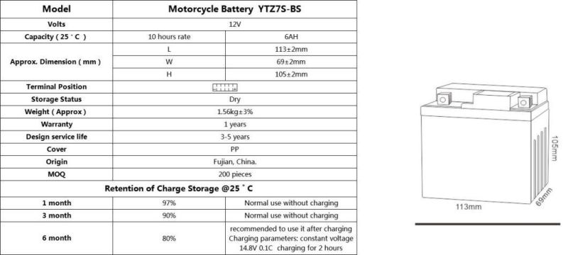 12V 7ah YTZ7S-BS High Capacity Environmental Friendly Motorcycle Battery