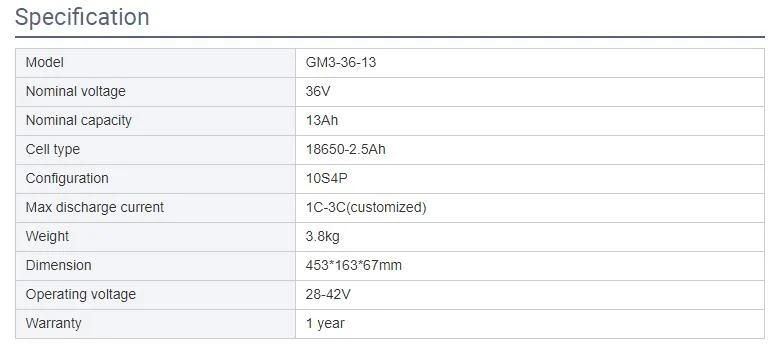 Over 1000 Cycle E-Bike Lithium Phosphate Battery 36V 13ah 14ah 250W 300W 500W Rechargeable Lithium Electronic Bicycle Battery