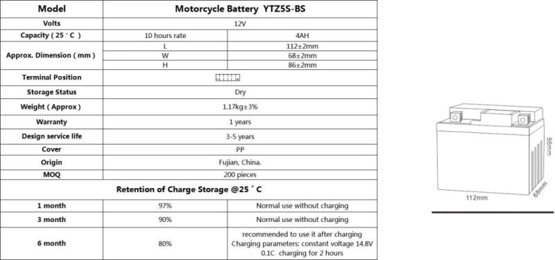 12 Volt 5amp YTZ5S-BS Lead Acid Motorcycle Battery