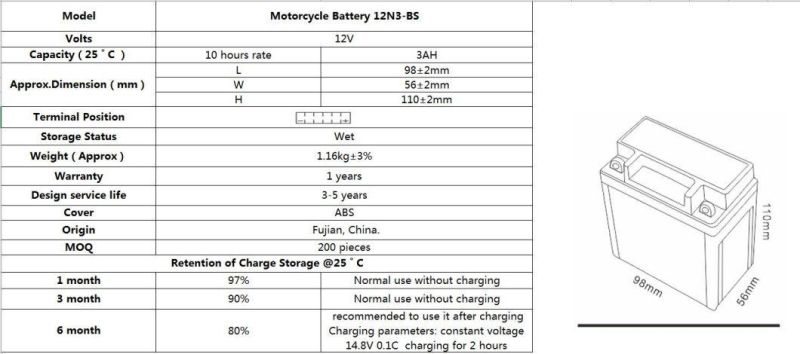 TCS Motorcycle Battery Dry Charged Maintenance Free 12N3-BS