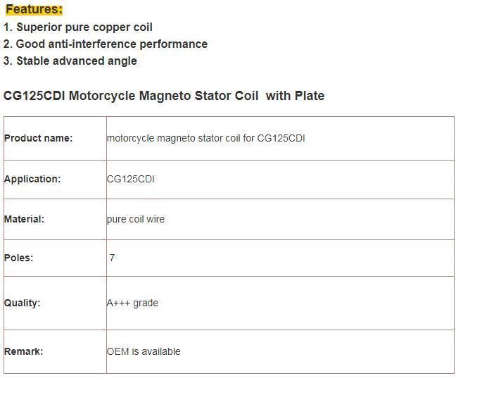 Cg125 Cdi Motorcycle Magneto Stator Coil with Plate