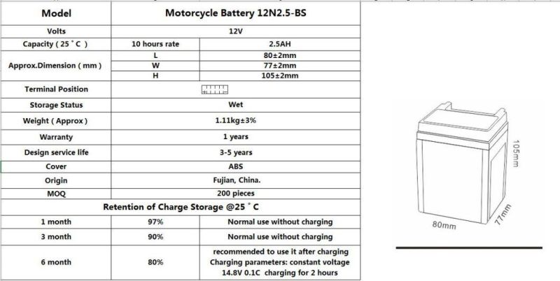 12V 2.5AH TCS Sealed Maintenance Free Motorcycle Battery for Common Motorcycle