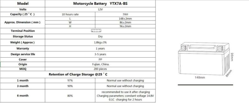 12 Volt 7amp YTX7A-BS Maintenance Free With Acid  Motorcycle Battery