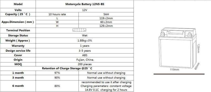 TCS Sealed Maintenance Free Motorcycle Battery 12N5-BS