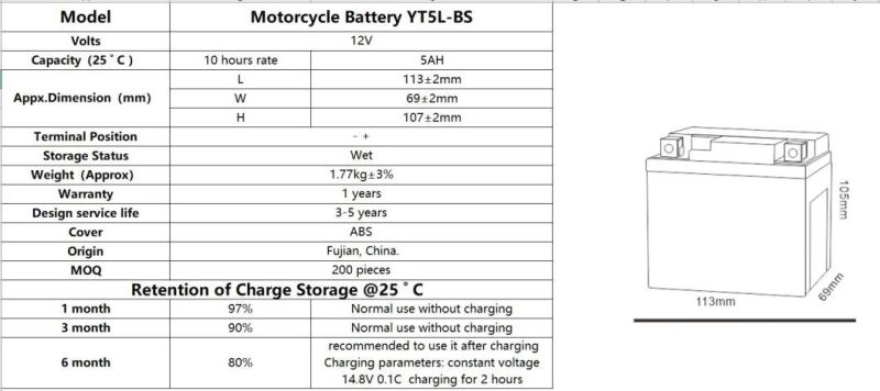 TCS  Motorcycle Battery Sealed Maintenance Free YT5L-BS