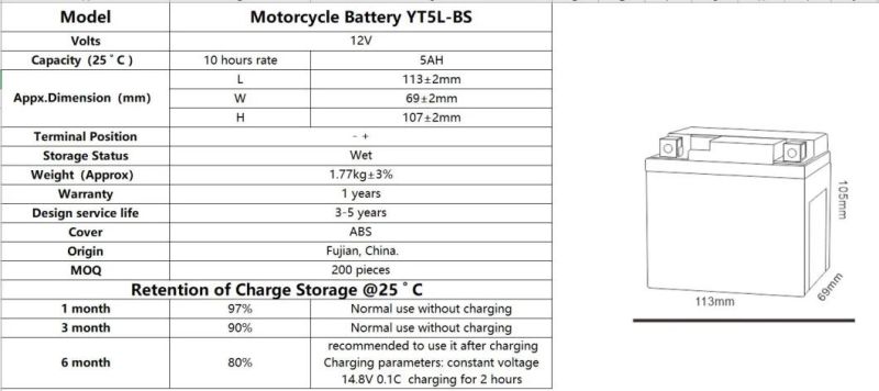 TCS Motorcycle Battery Sealed Maintenance Free YT5L-BS
