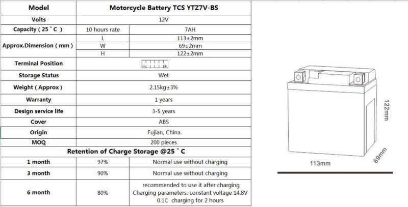 Sealed Maintenance Free Motorcycle Battery TCS YTZ7V-BS