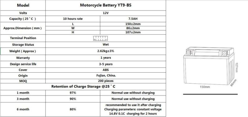 TCS Motorcycle Gel Maintenance Free  Battery YT9-BS