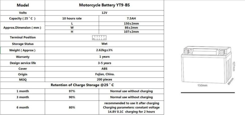 TCS Motorcycle Gel Maintenance Free Battery YT9-BS