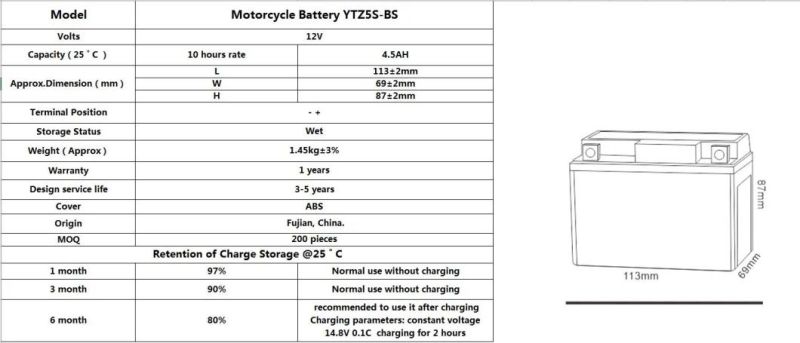 TCS Sealed Maintenance Free Gel VRLA MF SLA Lead Acid Motor Battery Batteries For Most Motorcycles (YTZ5S-BS)