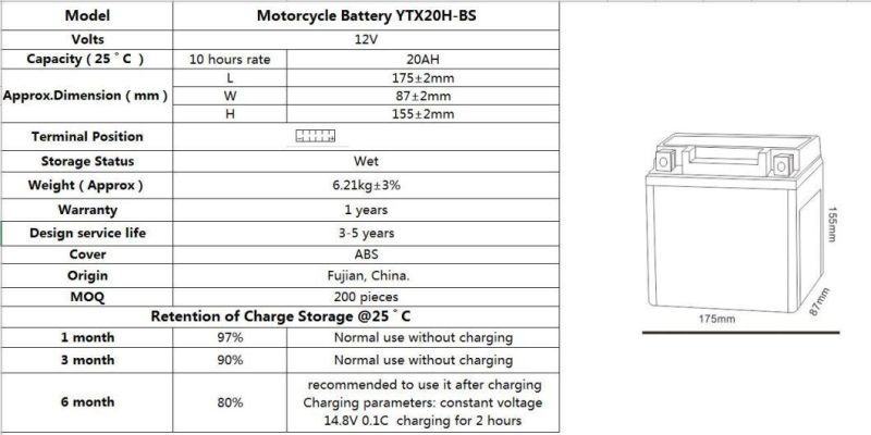 Sealed Maintenance Free Motorcycle Battery TCS YTX20H-BS