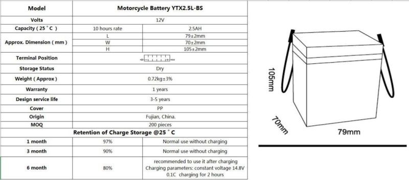 12 V 2.5 ah YTX2.5 Lead Acid Battery Charging Rechargeable Batteries Motocycle Battery