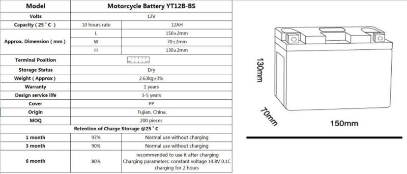 TCS Motorcycle Battery Dry Charged Mf Lead Acid YT12B-BS