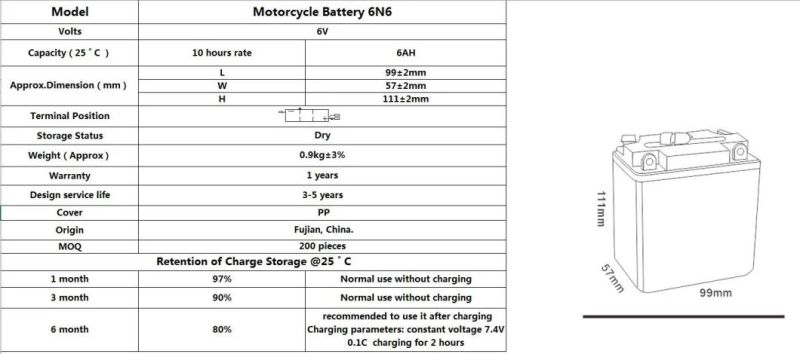 TCS Motorcycle Battery Dry Charged Lead Acid 6N6