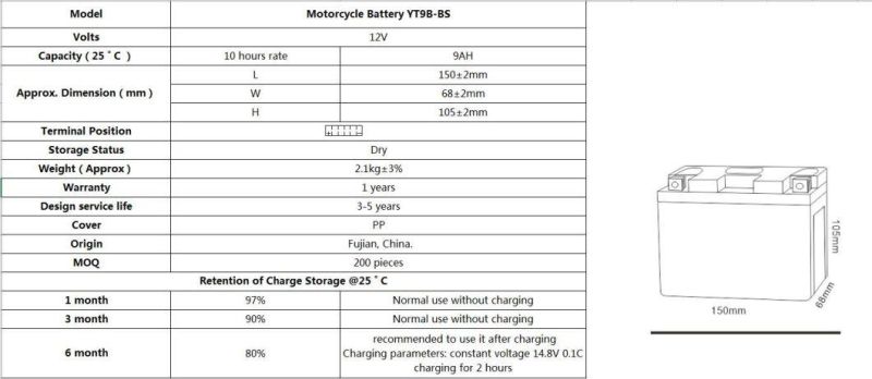 12 V 9 ah YT9B-BS Motorcycle Battery Motorcycle Batteries For Lifan Qjiang Zongshen Loncin