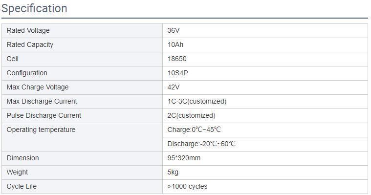 Over 1000 Cycle 18650 Battery Cell Rechargeable Lithium Phosphate E-Bike Battery 36V 10ah 5kg with CE /Un38.3/ MSDS Certification