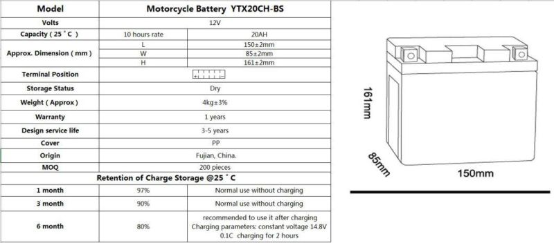 TCS Motorcycle Battery Dry Charged Mf Lead Acid YTX20CH-BS