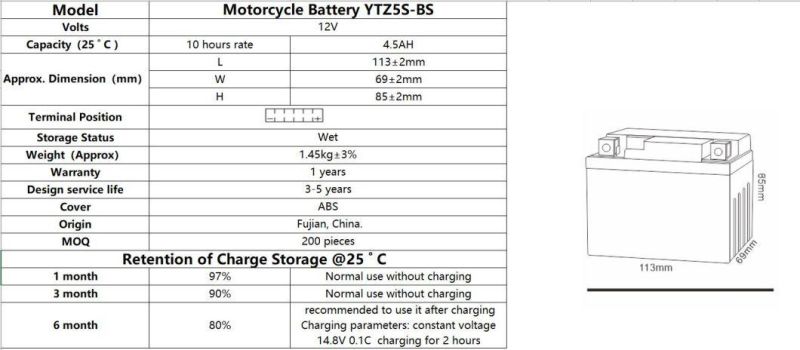 Sealed Maintenance Free  Motorcycle Battery TCS YTZ5S-BS