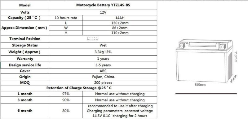 TCS Motorcycle Battery Sealed Maintenance Free YTZ14S-BS