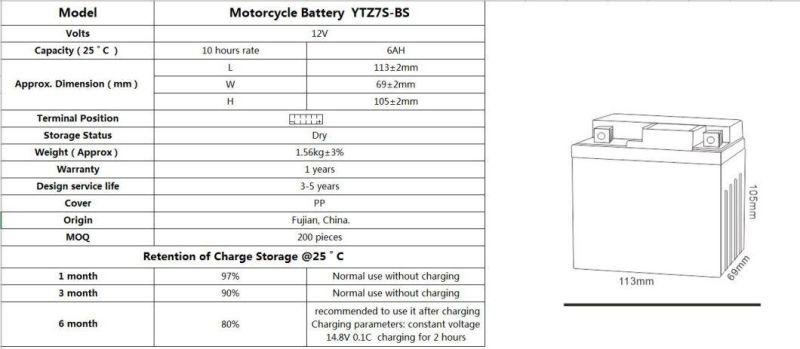 TCS Motorcycle Battery Dry Charged Maintenance Free YTZ7S-BS