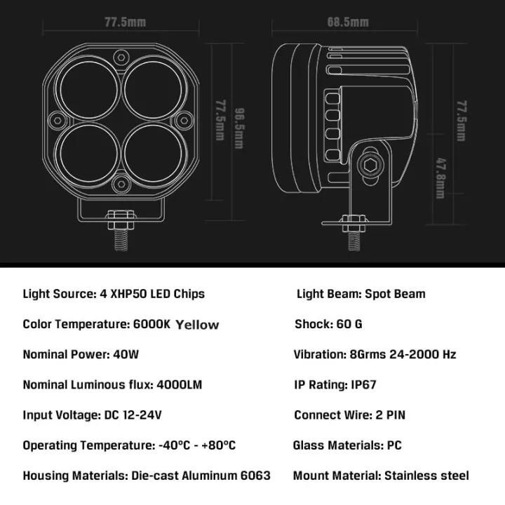 Astront 2 PCS 3 Inch 40W Yellow LED Work Light Bar Spot Driving Fog Light off-Road ATV Light