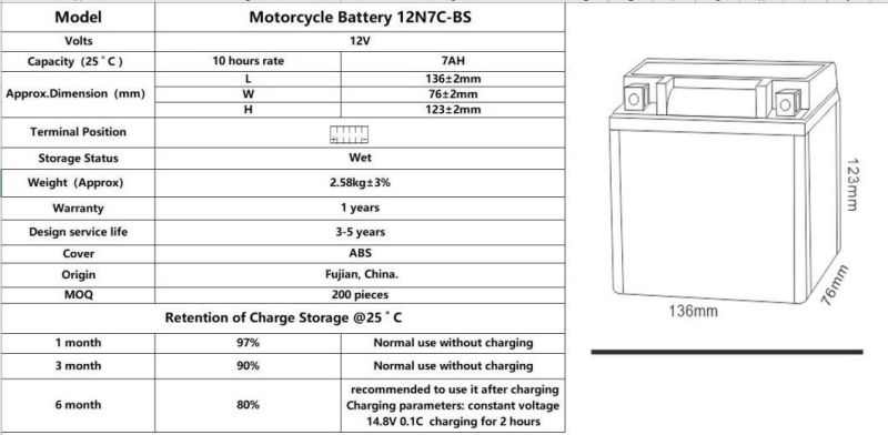 TCS Motorcycle Gel Maintenance Free Battery GEL-12N7C-BS